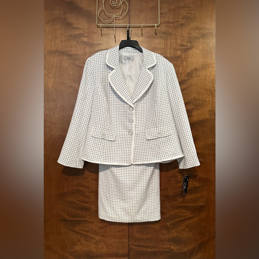 Le Suit Blazer & Pencil Skirt Suit Set Womens Plus 24W Black White Checked Lined